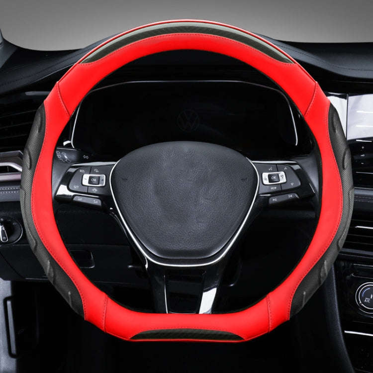 Leather Carbon Fiber Stitching Car Steering Wheel Set, Diameter: 38cm(Black Red D Shape)
