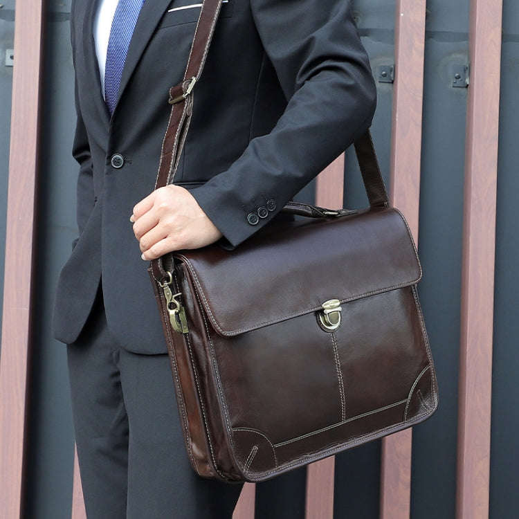 Men Retro Cowhide Leather Briefcase Multifunctional Laptop Bag for 15.6 Inch Computer(Coffee)