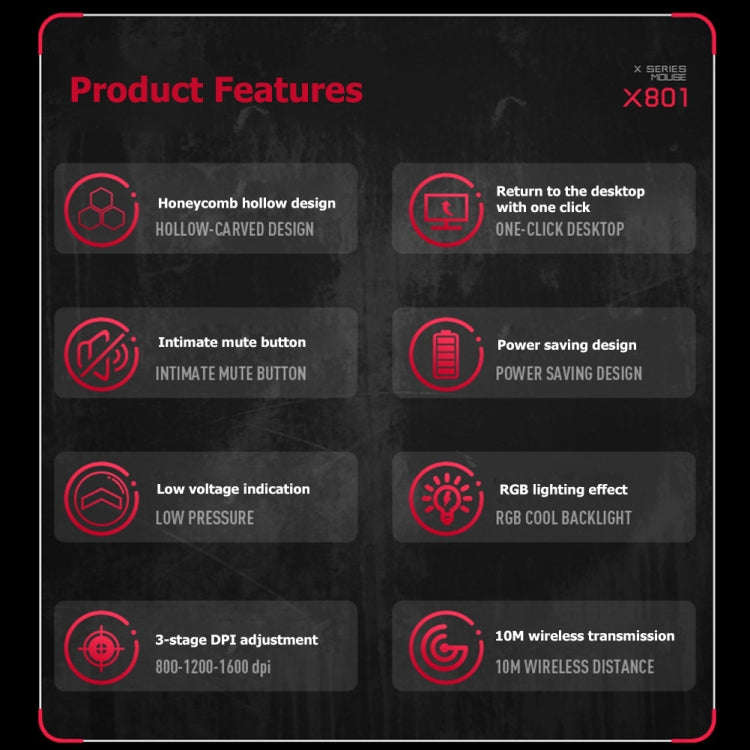 FMOUSE  X801 8 Keys 1600DPI Hollow Luminous Gaming  Office Mouse,Style: Black Wireless Rechargeable