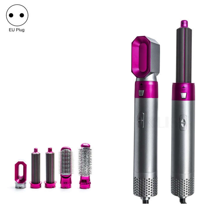 5-in-1 Hot-air Comb Automatic Straightening Dual-purpose Hair Dryer Silver+Rose Red(EU Plug)