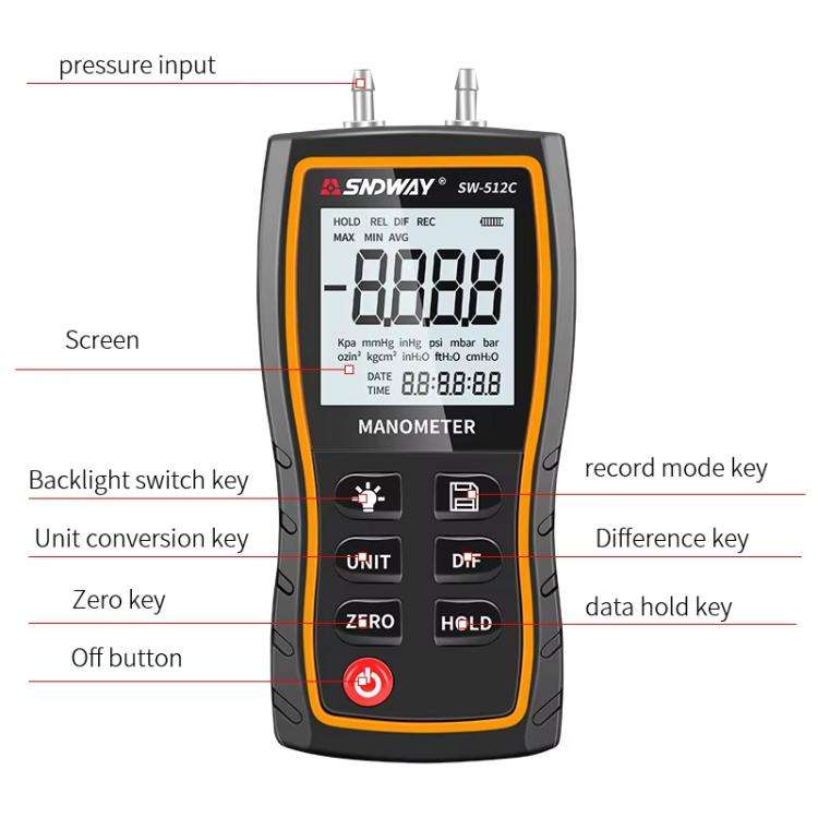 SNDWAY SW-512C Digital Handheld Differential Pressure Gauge Negative Pressure Tester