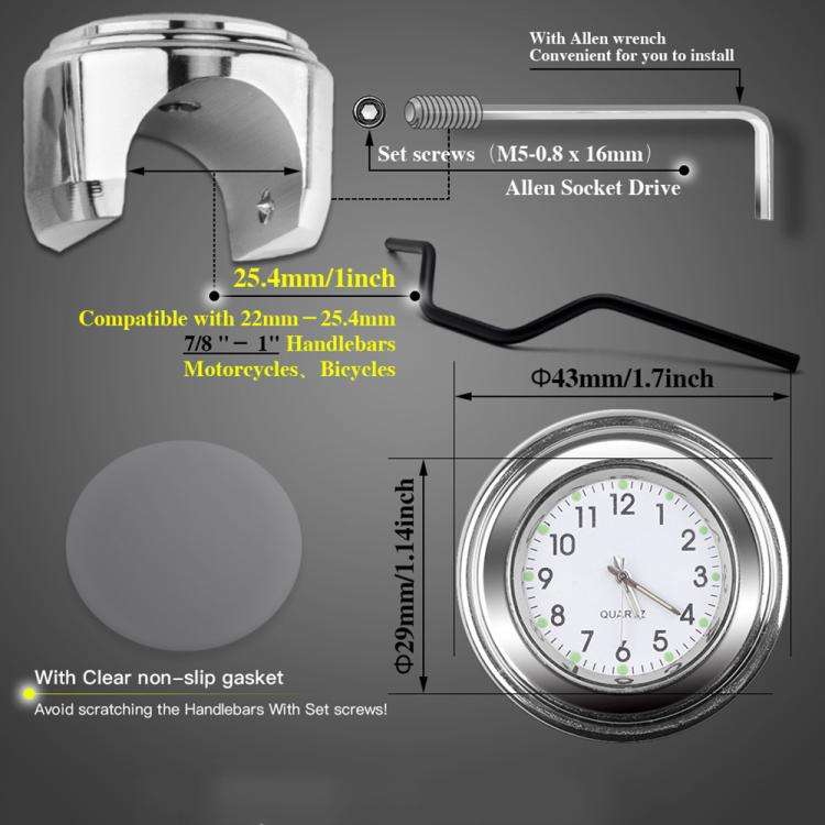 Aluminum Alloy Plating Motorcycle Handlebar Clock(Black Shell Black Background)
