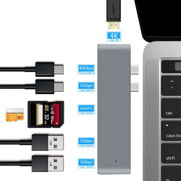 7 In 1 100W USB 3.1 To 20VPD+Card Reader Data+HUB+HDMI 4K Converter(Gray)