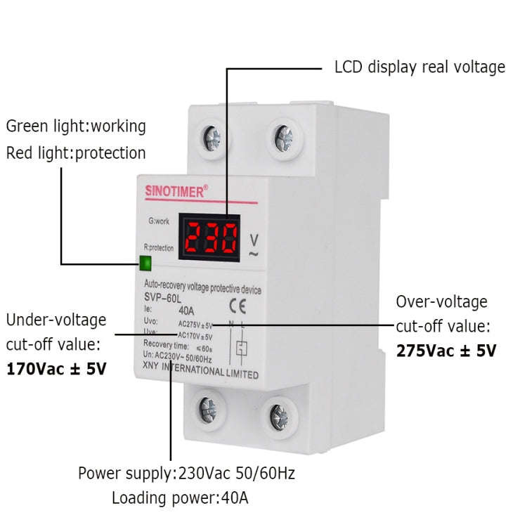 SINOTIMER 220V LED Digital Display Delay Automatic Reset Under-voltage Protector(SVP-60L)