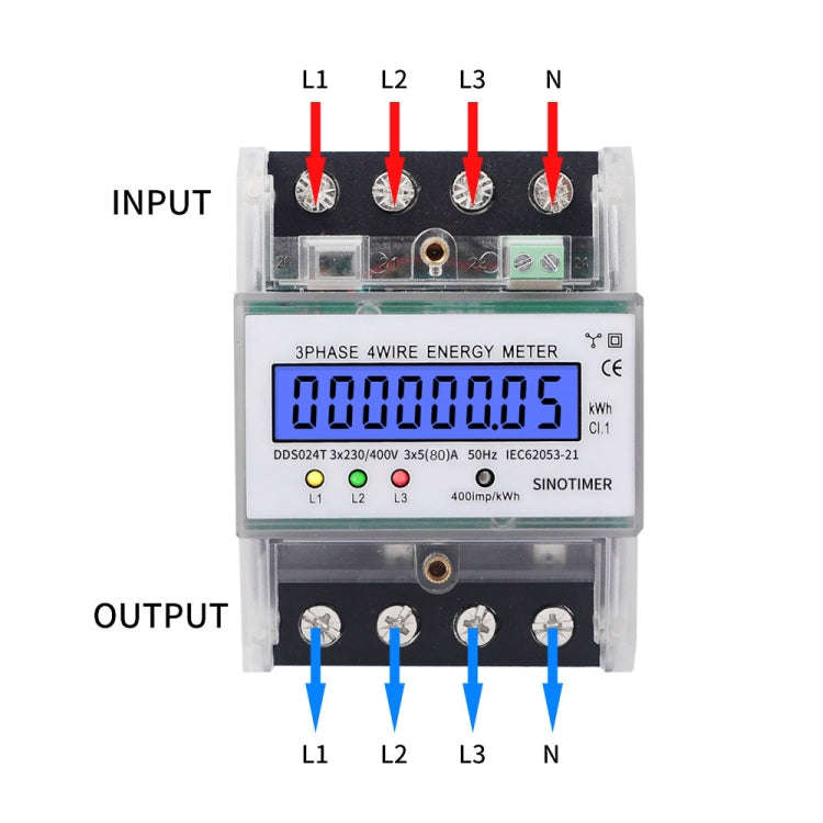 SINOTIMER Three-Phase Backlight Display Electricity Meter 5-100A 400V(DDS024T Transparent Shell)