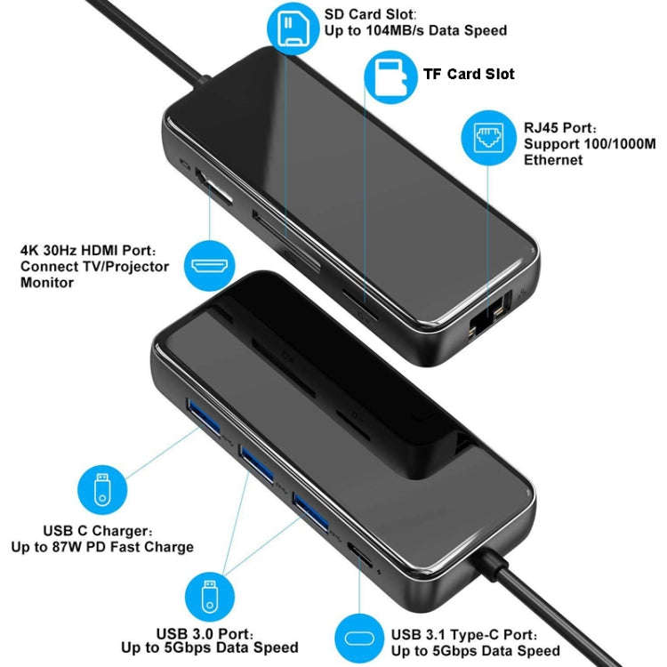 Type-C Extension Dock HDMI Hub Mirror Laptop 8 In 1 Converter(Black)
