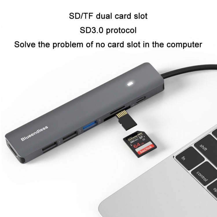 Blueendless Type-C+USB 3.0/2.0+HDMI4K HUB, Specification: 7 in 1