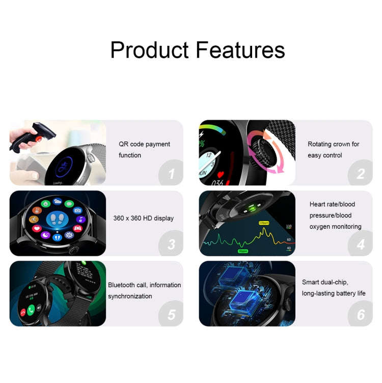 HD3 1.32 Inch Heart Rate Monitoring Smart Watch with Payment Function(Black Leather)