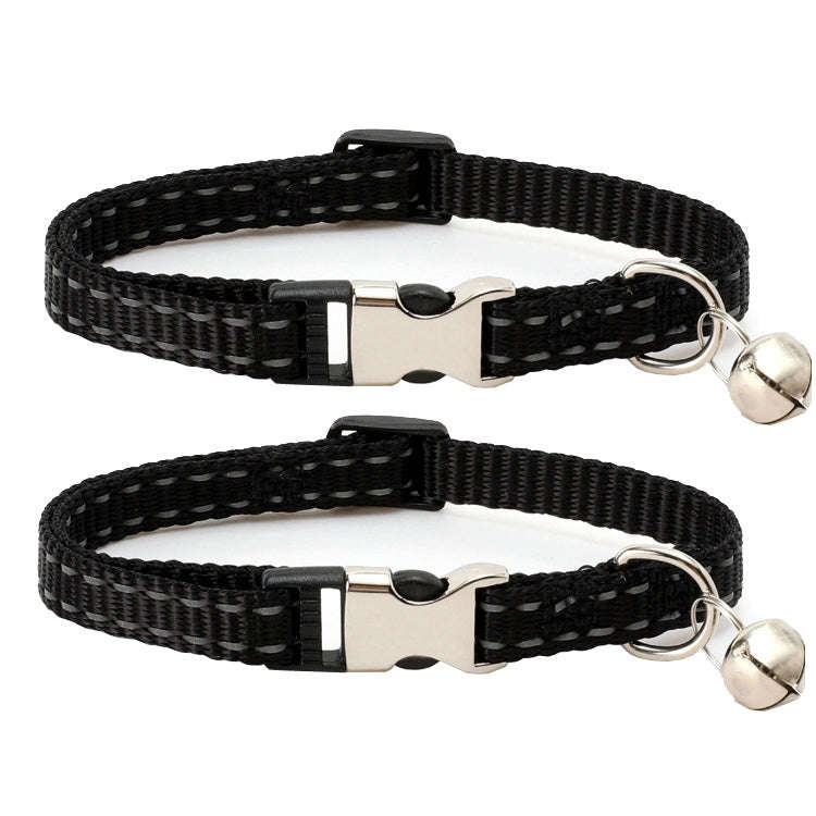 2 PCS Night Reflective Nylon Cat Collar With Bell, Size: XS 1.0x19-30cm(No Carving Black)