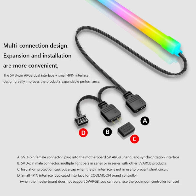 COOLMOON Y360 Round Tube Multi-interface ARGB Chassis Light Bar Computer Decorative Silicone LED ...