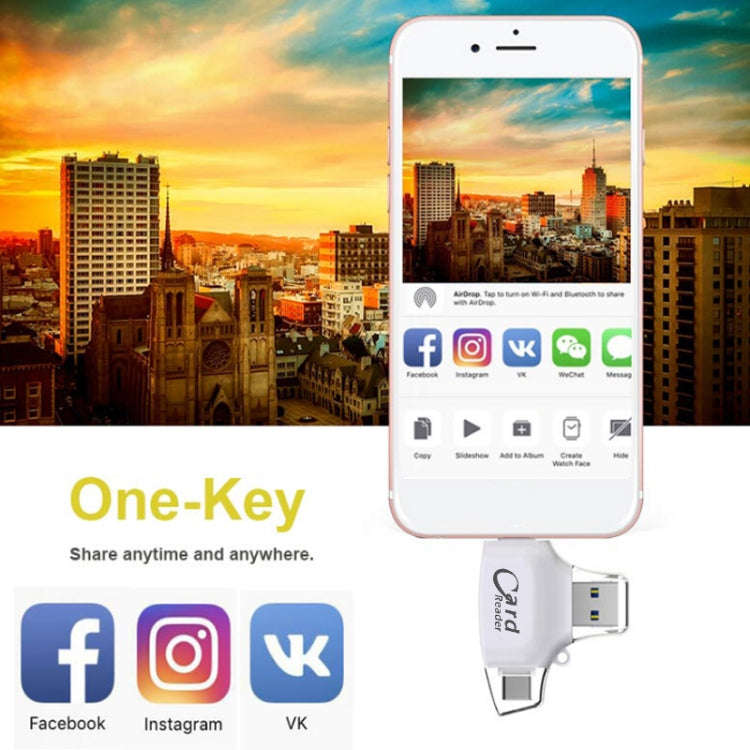 USB 2.0+8Pin +Type-C+Micro USB  4 In 1 Card Reader Supports Reading SD&TF Car(White)