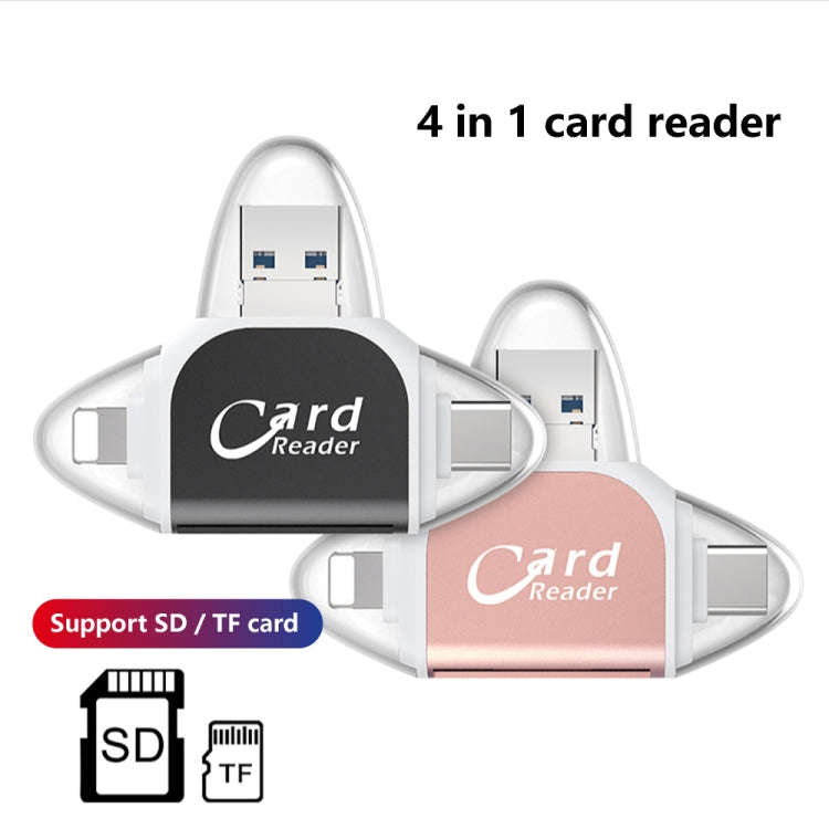 R015 USB2.0 & Micro USB+8Pin+Type-C 4 In 1 Card Reader Supports SD/TF Card(Black)