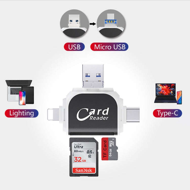 R015 USB2.0 & Micro USB+8Pin+Type-C 4 In 1 Card Reader Supports SD/TF Card(Black)
