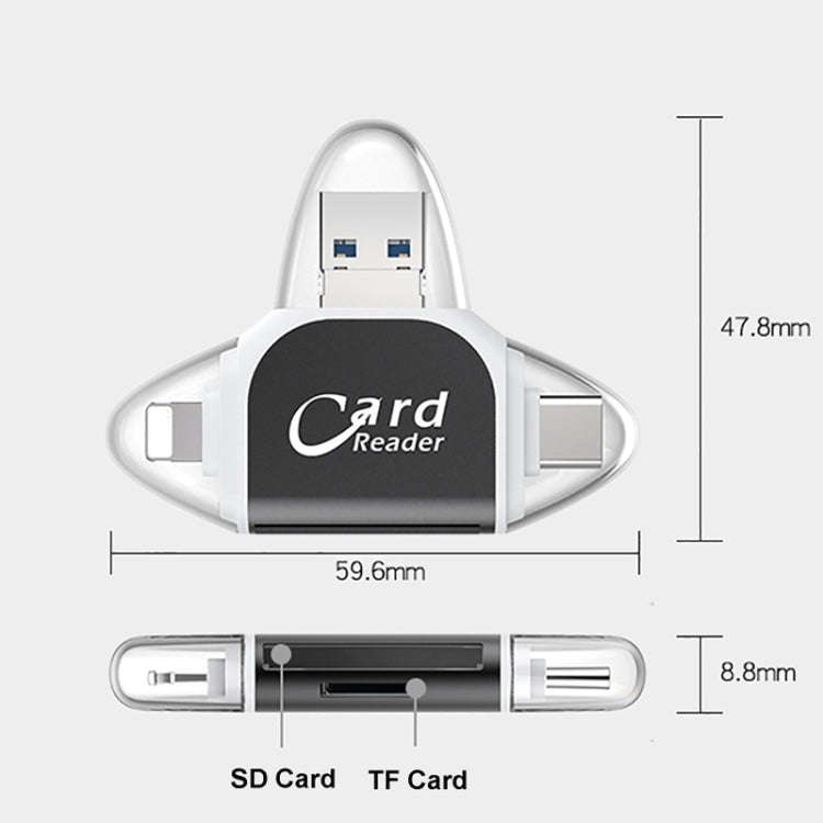 R015 USB2.0 & Micro USB+8Pin+Type-C 4 In 1 Card Reader Supports SD/TF Card(Black)