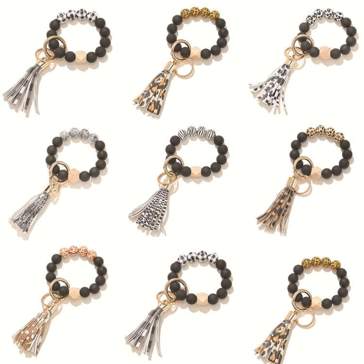 2 PCS Wooden Bead Frosted Bracelet Key Chain Pendant(Yellow Leopard Pattern)