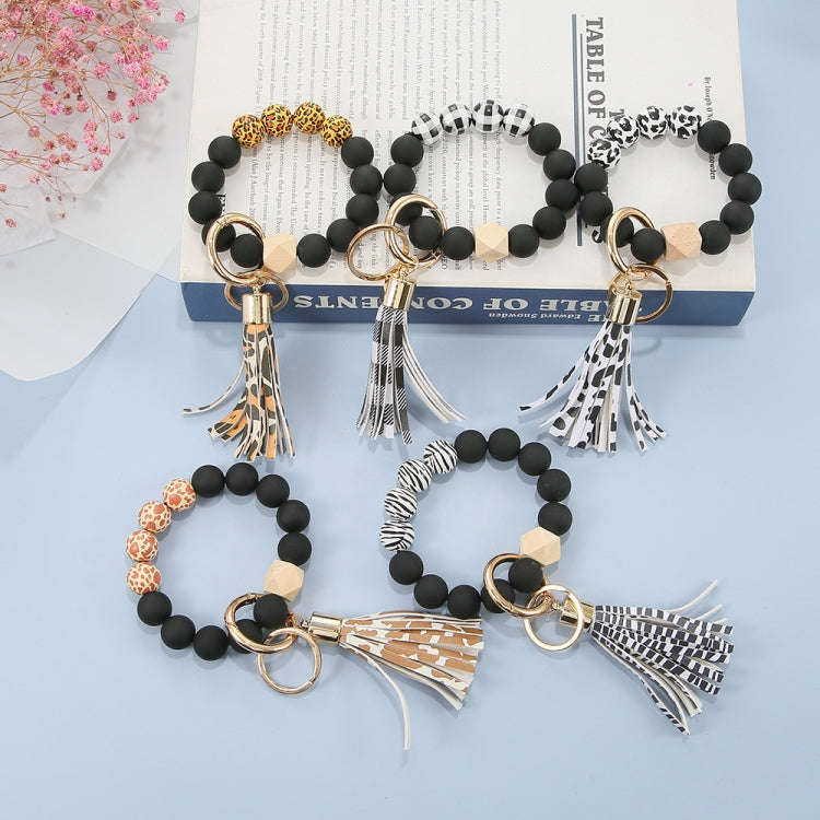 2 PCS Wooden Bead Frosted Bracelet Key Chain Pendant(Yellow Leopard Pattern)