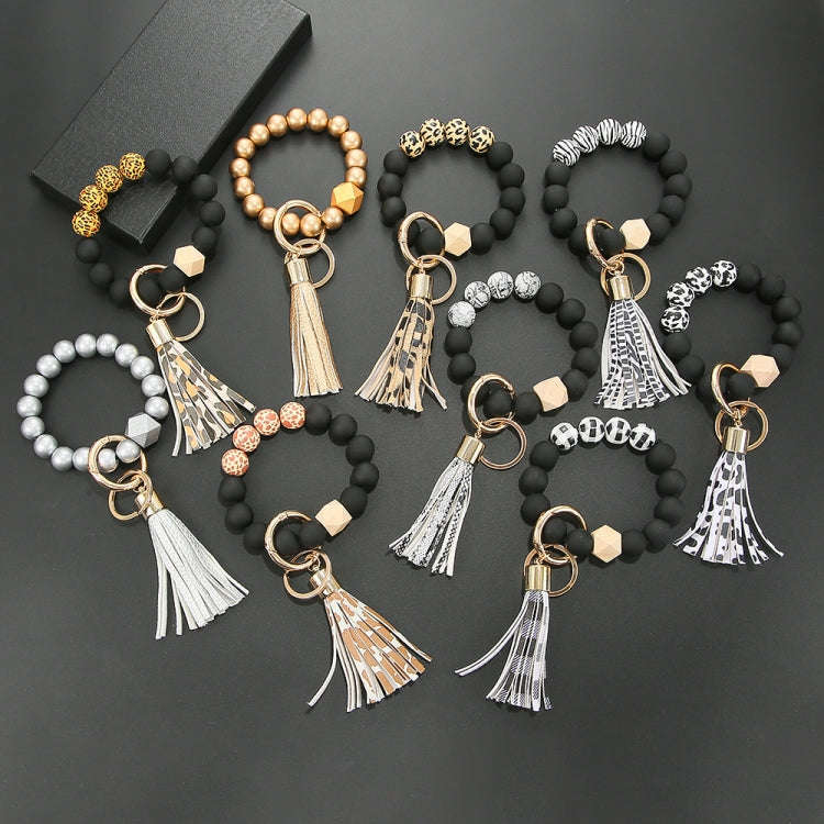 2 PCS Wooden Bead Frosted Bracelet Key Chain Pendant(Yellow Leopard Pattern)