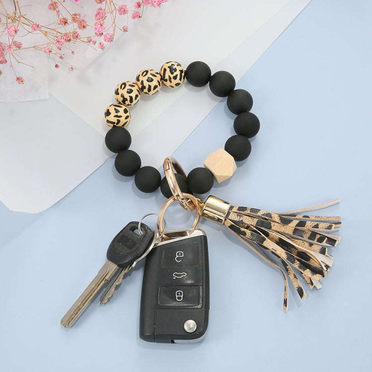 2 PCS Wooden Bead Frosted Bracelet Key Chain Pendant(Yellow Leopard Pattern)