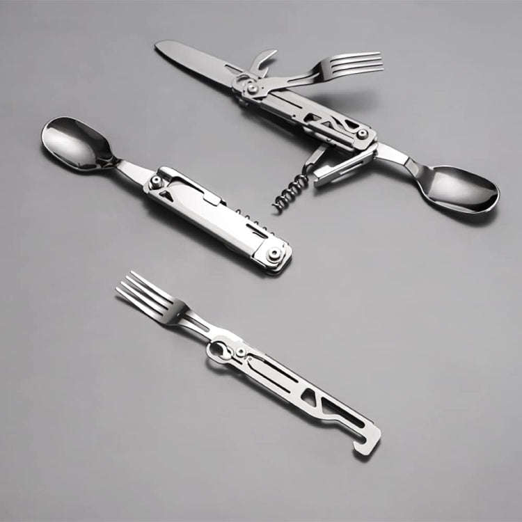 6-in-1 Folding Tableware (Fork/Knife/Spoon/Bottle Opener) for Camping and Survival(Silver)