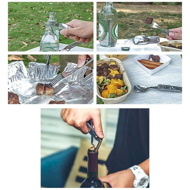 6-in-1 Folding Tableware (Fork/Knife/Spoon/Bottle Opener) for Camping and Survival(Silver)