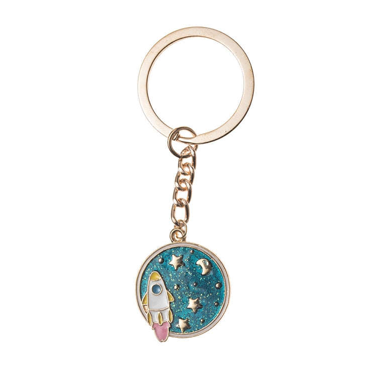 5 PCS Drip Oil Round Keychain Key Ring Bag Pendant(Planet Rocket)
