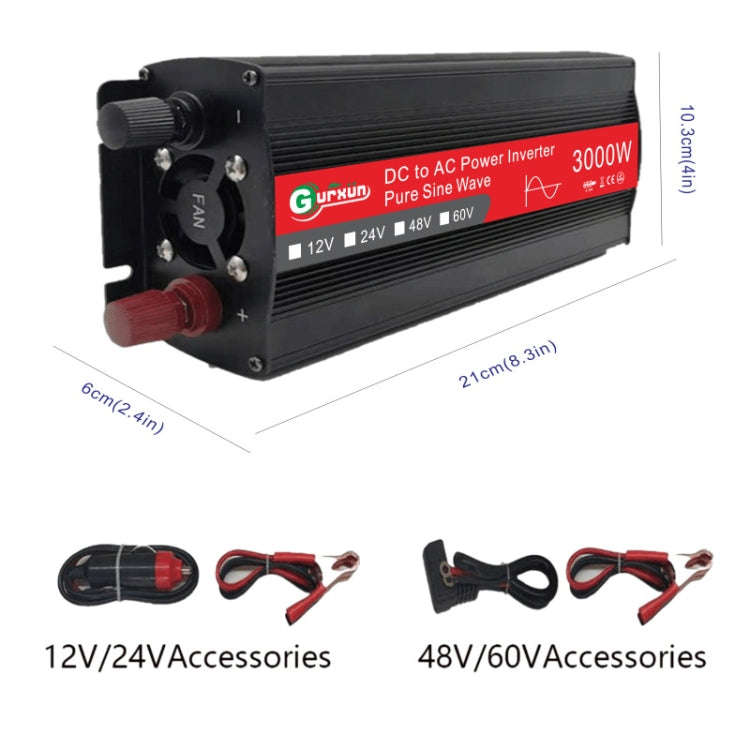 Gurxun Sine Wave Inverter 3000W 12/24/48/60V To 220V Car Boost Converter, Specification: 24V-220V