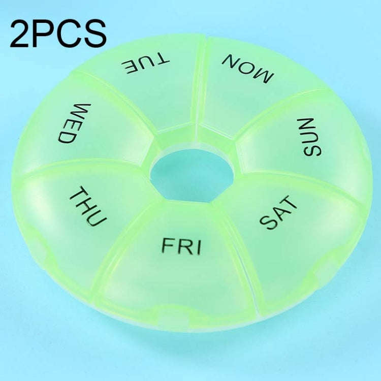 2 PCS Round 7 Days Rainbow Color Portable Pill Box Plastic Seven Grid(Light Green)