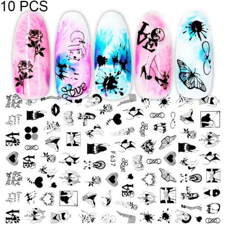 10 PCS Cartoon Heart Letters Comic Character Nail Art Sticker 3D Adhesive Nail Stickers(F637)