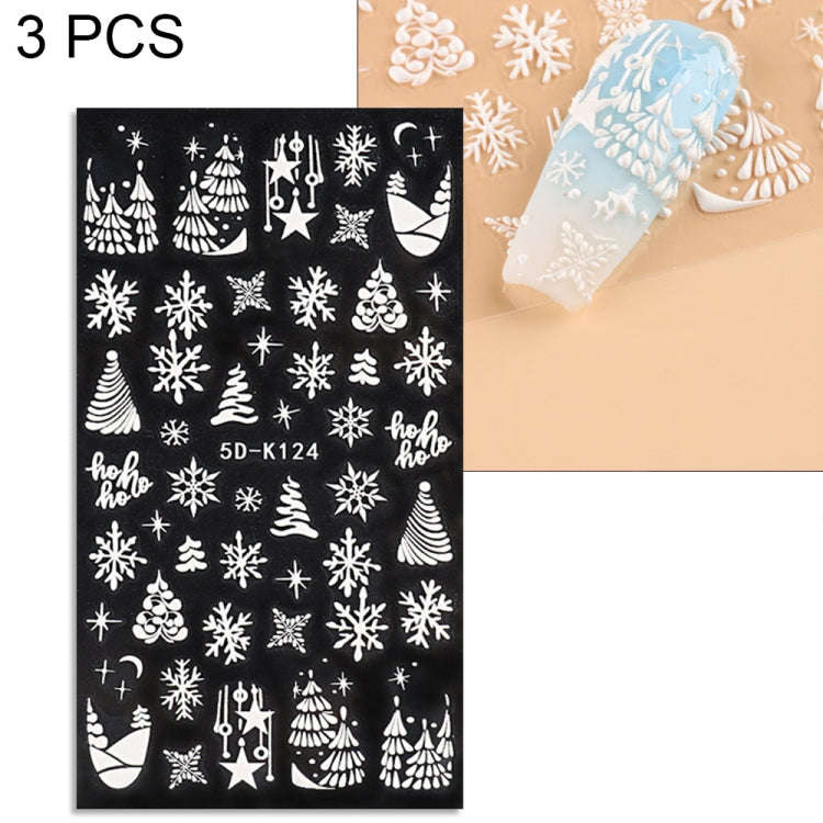 3 PCS 5D Embossed Nail Stickers Christmas Snowflake Elk Nail Stickers(5D-K124)