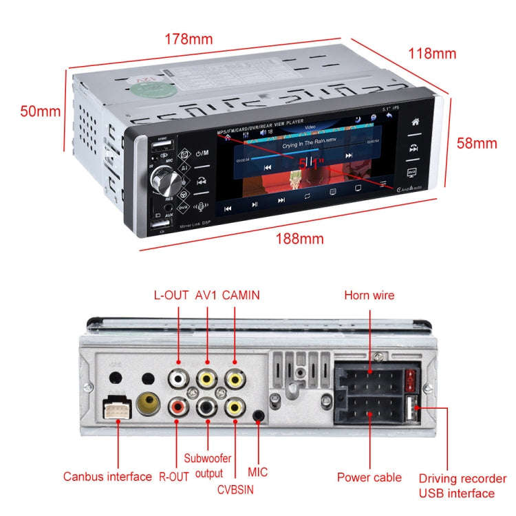 A2905 5.1 inch IPS Capacitive Screen Single Butt Carplay Player, Style: Standard+4 Light Camera