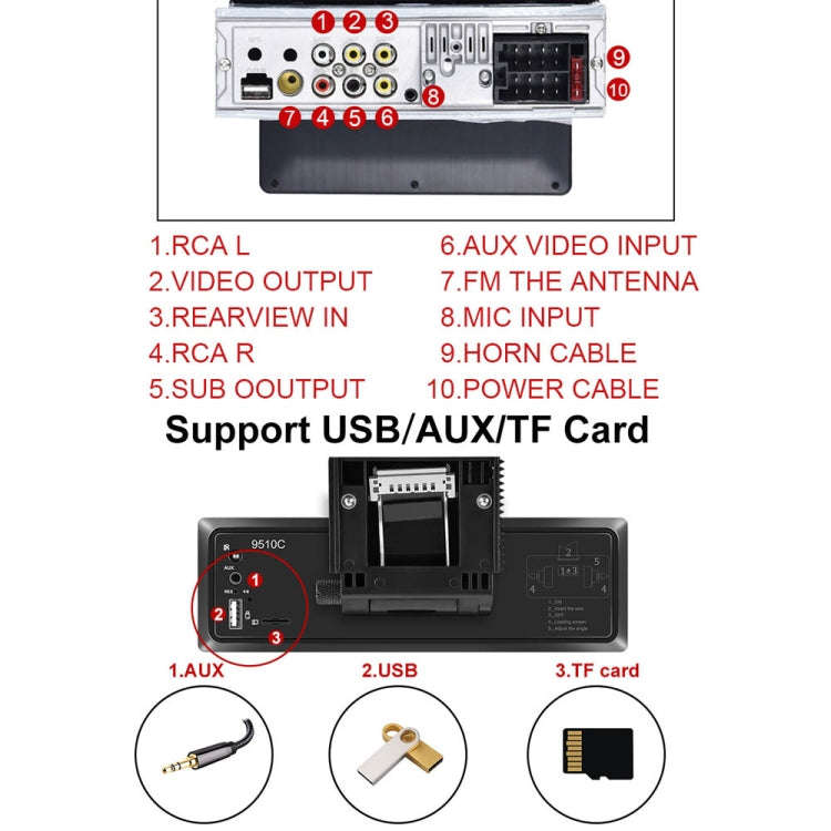 C800 9.5 Inch MP5 Single Butt Carplay Player, Style: Standard+4 Light Camera