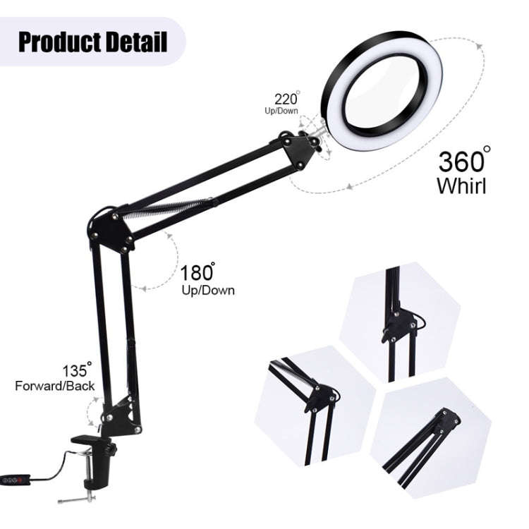 5X Magnifying Glass LED Folding Long Arm Clip Light Eye-protection USB Reading Lamp, Size: Large(...