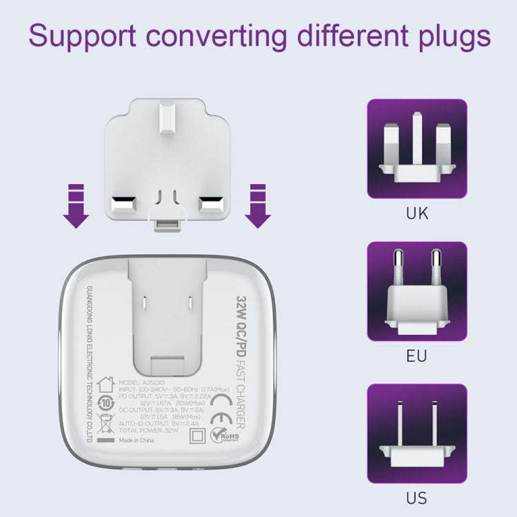 LDNIO A3513Q 32W QC3.0 3 USB Ports Phone Adapter EU Plug with Type-C Cable