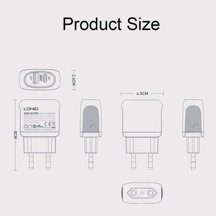 LDNIO A2316C 20W PD+QC 3.0 Phone USB Multi-hole Fast Charger EU Plug with USB-C/Type-C Cable
