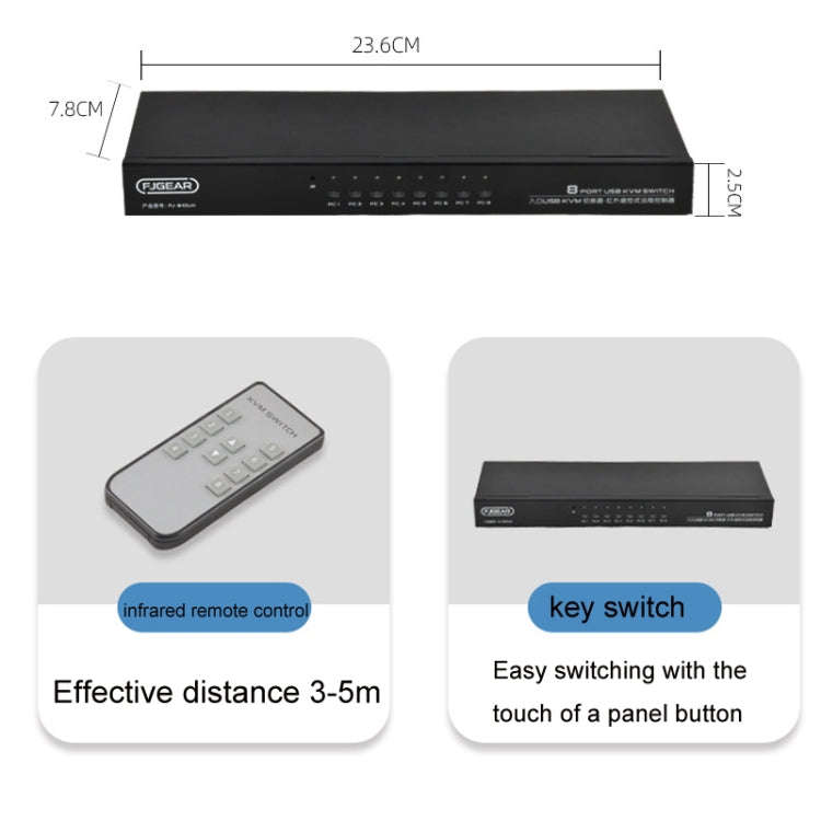 FJGEAR FJ-810UK 8 In 1 Out Computer Host VGA To KVM Switcher With Desktop Switch, EU Plug(Black)