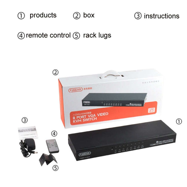 FJGEAR FJ-810UK 8 In 1 Out Computer Host VGA To KVM Switcher With Desktop Switch, EU Plug(Black)