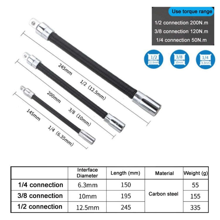 3 PCS/Set 1/4-3/8-1/2 Sleeve Extension Bendable Universal Joint Rod, Color: Black