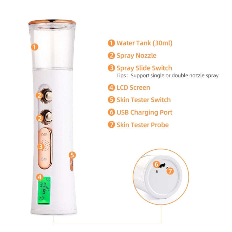 Mist Sprayer Handheld Nano Beauty Instrument Mini Hydrating Humidifier(White Gold)