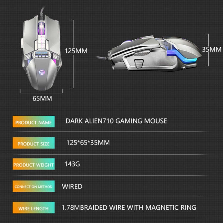Dark Alien V710 7 Keys Metal Office Wired Glowing Mouse, Cable Length: 1.78m(Black)