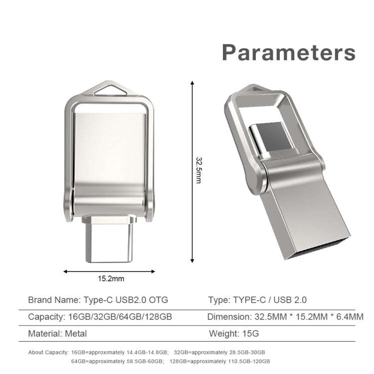 128GB USB 2.0 + Type-C/USB-C High Speed Mini Computer and Phone Dual-purpose Rotary U Disk(Silver)