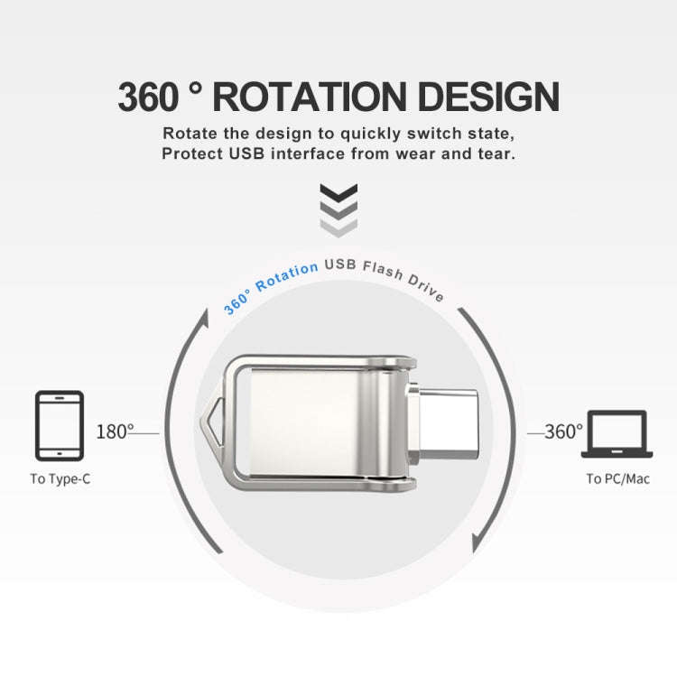 128GB USB 2.0 + Type-C/USB-C High Speed Mini Computer and Phone Dual-purpose Rotary U Disk(Silver)
