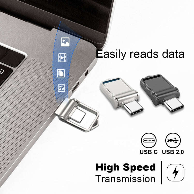 128GB USB 2.0 + Type-C/USB-C High Speed Mini Computer and Phone Dual-purpose Rotary U Disk(Silver)