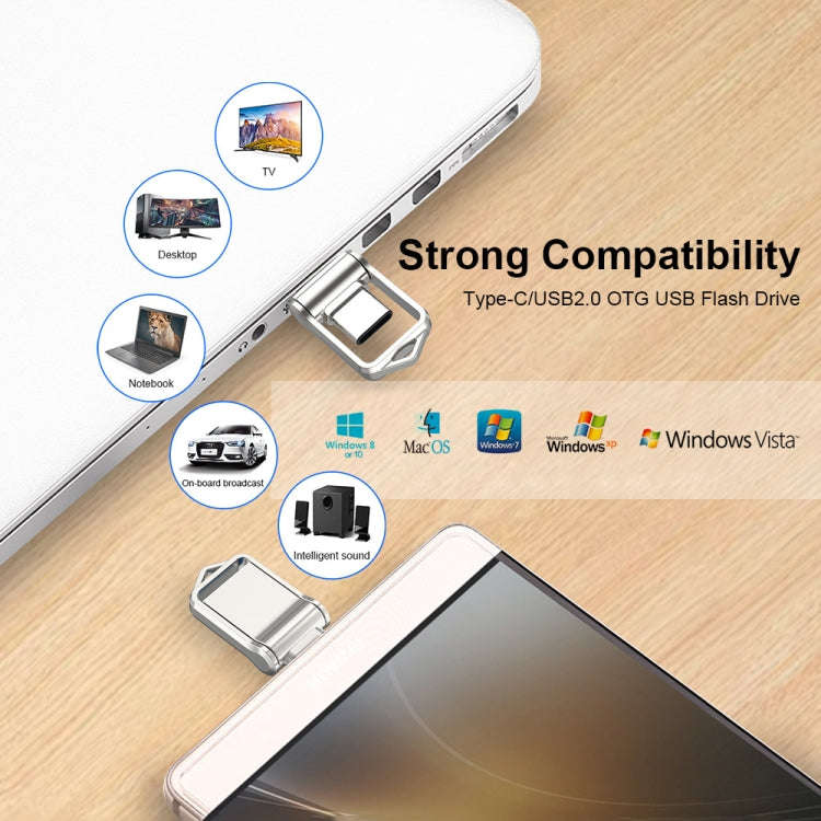 128GB USB 2.0 + Type-C/USB-C High Speed Mini Computer and Phone Dual-purpose Rotary U Disk(Silver)