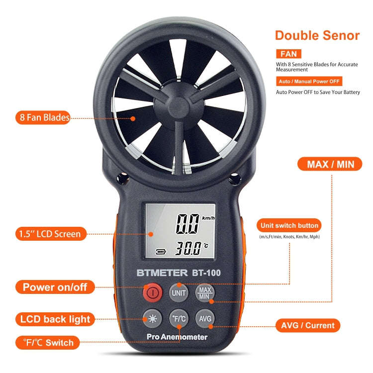 BT-100 Handheld Anemometer Wind Speed Wind Chill Temperature Measuring Instrument(Black)