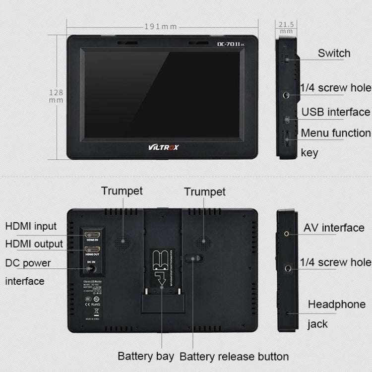 VILTROX DC-70II 7 Inch 4K HD Camera Director Monitor Film Camera Video Monitor