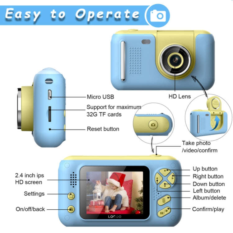 2.4 Inch Children HD Reversible Photo SLR Camera, Color: Yellow Blue + 8G Memory Card + Card Reader