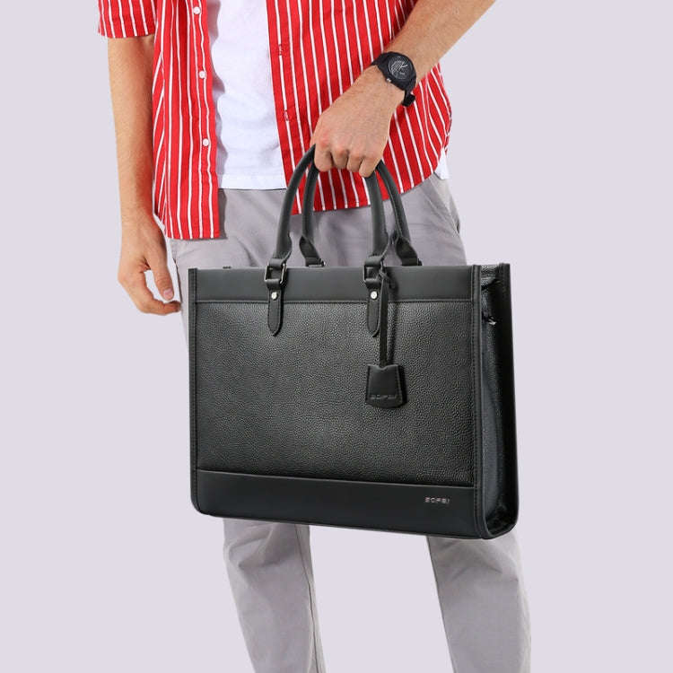 Bopai 11-98811 Leather Business Large-capacity Laptop Handbag Messenger Briefcase(Black)
