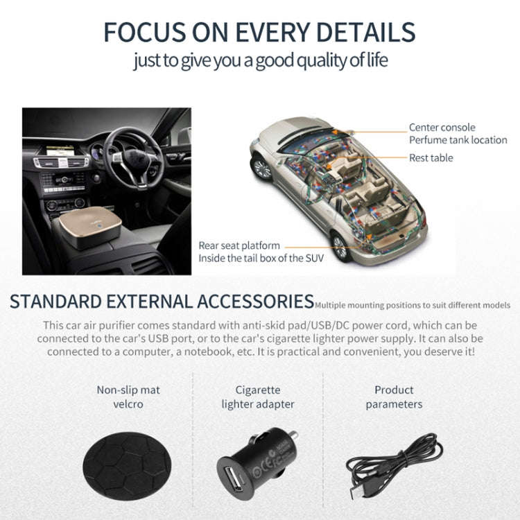 Nobico J007 USB Negative Ion Car Air Purifier, Style: English Modle(Water Pattern Gold)