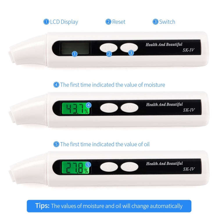 HS-018 LCD Display Skin Analyzer Skin Moisture Tester Skin Oil Test Meter(White)