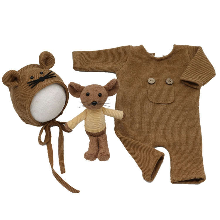 Newborn Photography Clothing Baby Knitted Jumpsuit + Hat + Mouse Doll Three-Piece Set(Brown)
